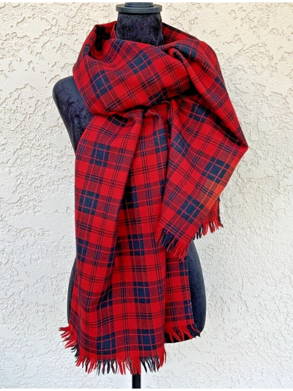 JH Collectibles 100% Wool Red Black Tartan Plaid Scarf 18x80 Vintage